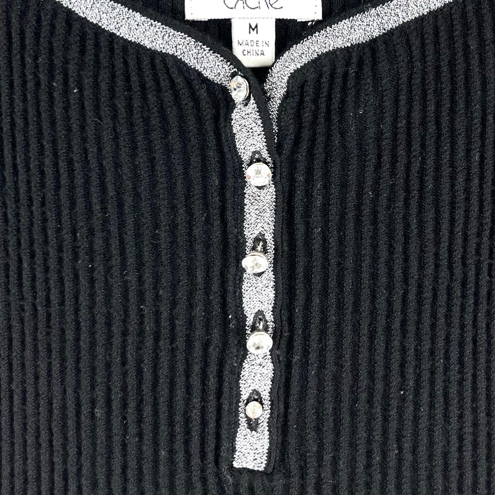 Cache Black Ribbed Sparkle Trim Button Up Tank Top - image 5